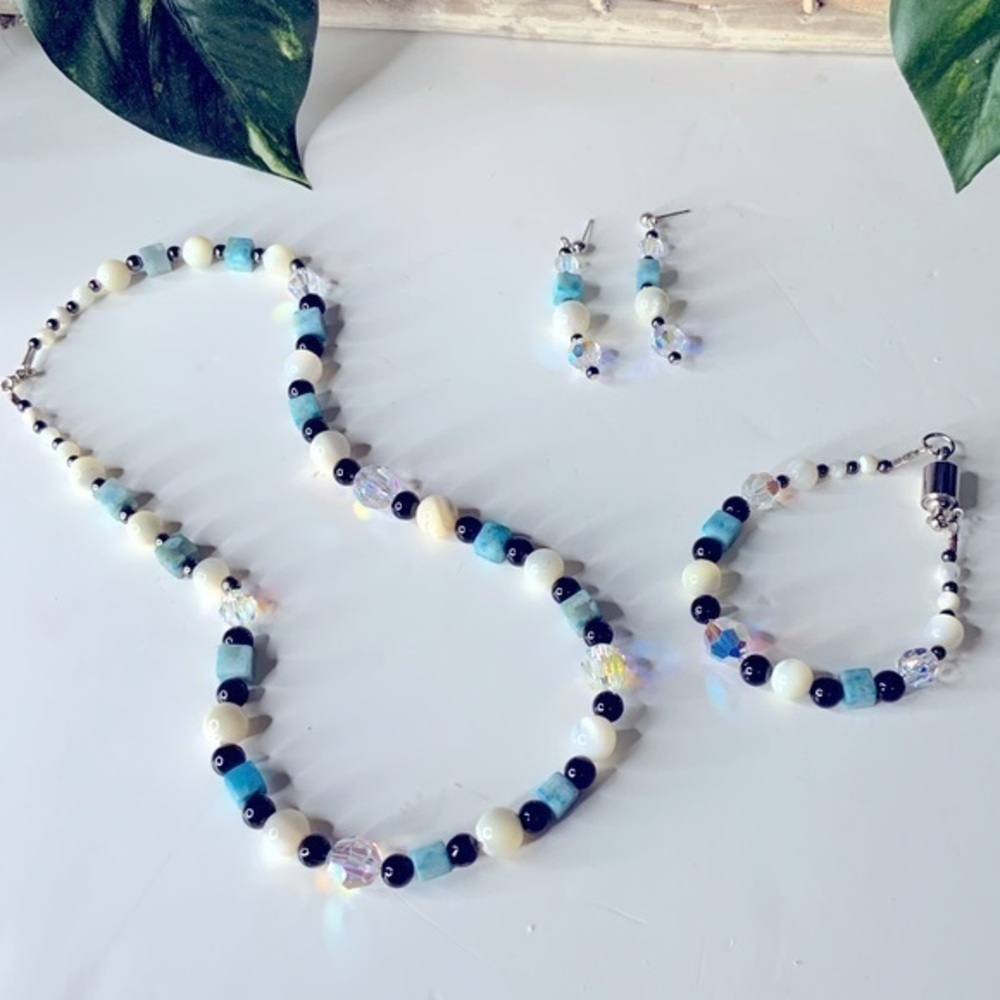Blue Angelite Cubes Black, White Beads & Crystal Jewelry Set